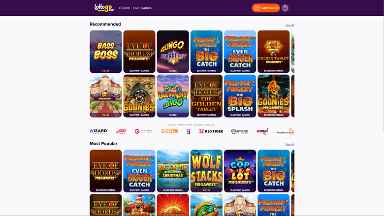 Página de inicio de escritorio de LottoGo Casino