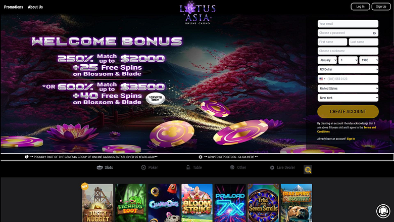 Page d'accueil du casino Lotus Asia ordinateur de bureau