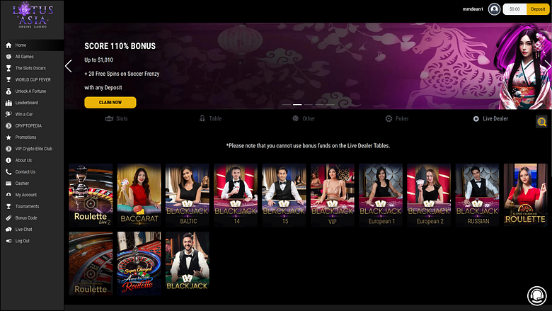 Casino Lotus Asia sur ordinateur avec croupier en direct