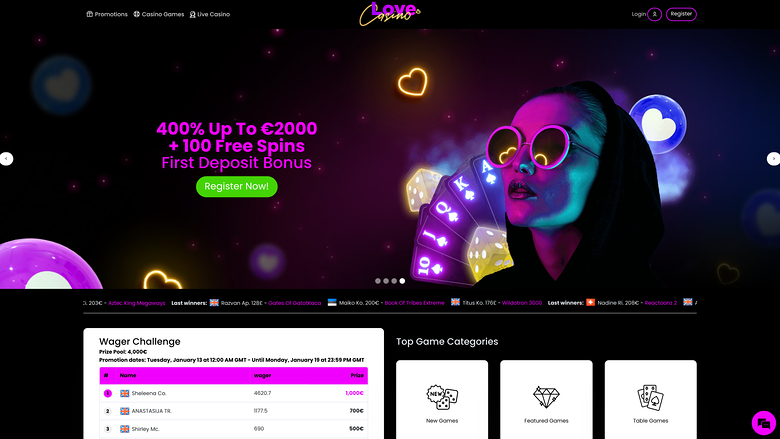 Page d'accueil de Lovecasino pour ordinateur