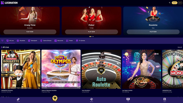 Страница с живыми дилерами в казино Luck Nation