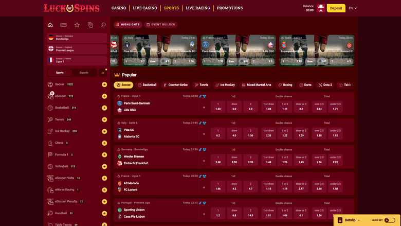 Luck Of Spins Casino Sports sur ordinateur