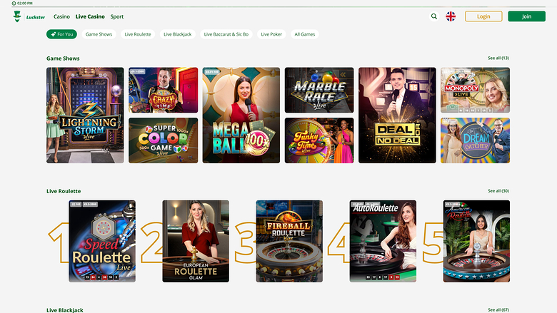 Casino Luckster pour ordinateur avec croupier en direct