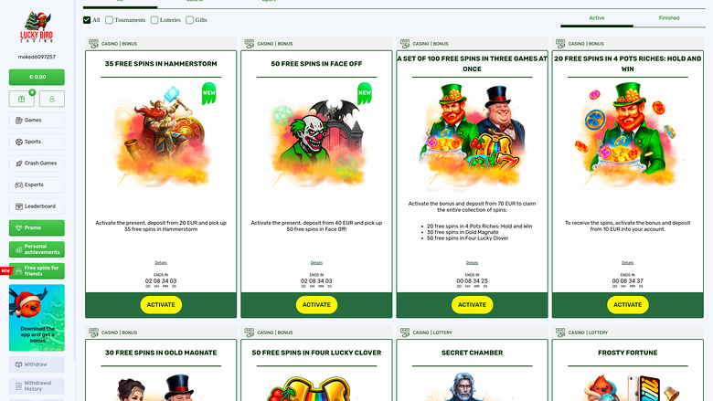 Promociones de escritorio del Casino Lucky Bird