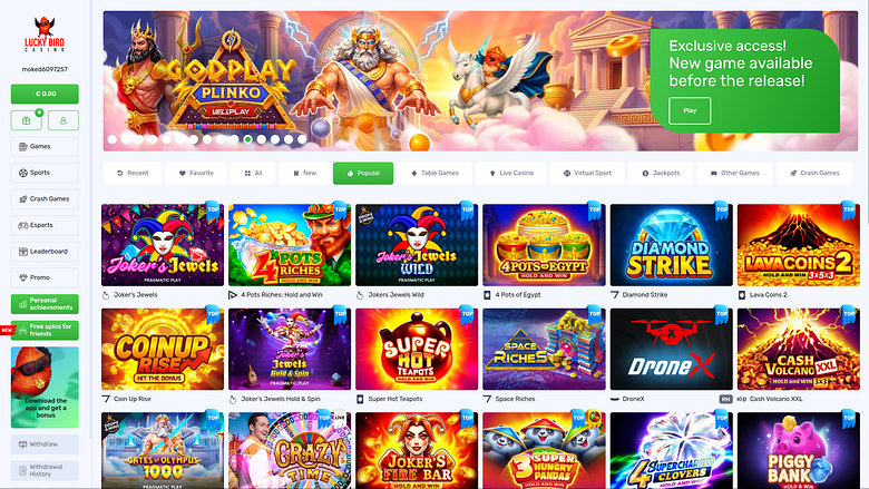 Page d'accueil du casino Lucky Bird pour ordinateur