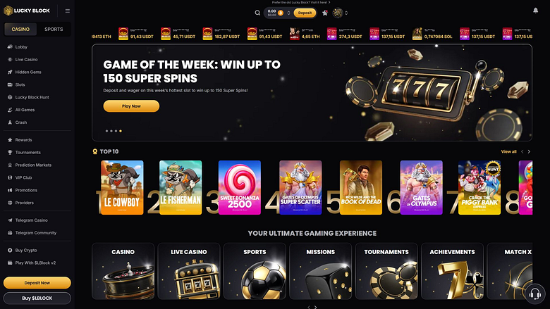 Página de inicio de Lucky Block Casino para escritorio