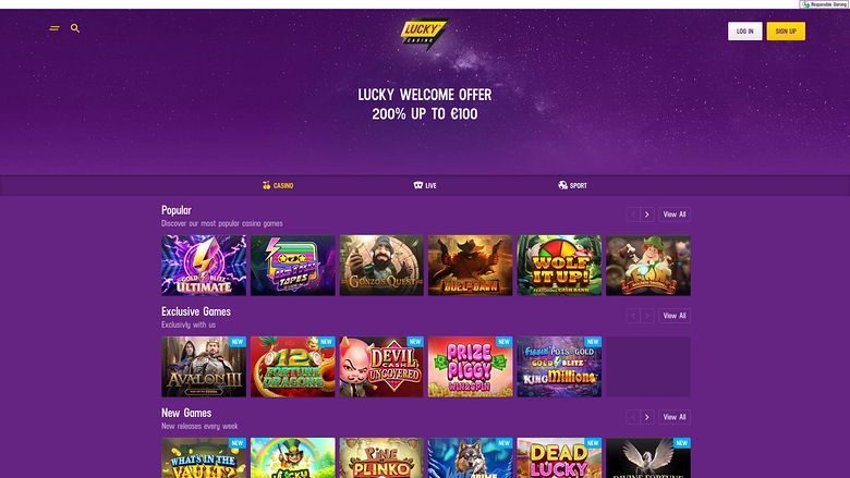 Page d'accueil de Lucky Casino pour ordinateur