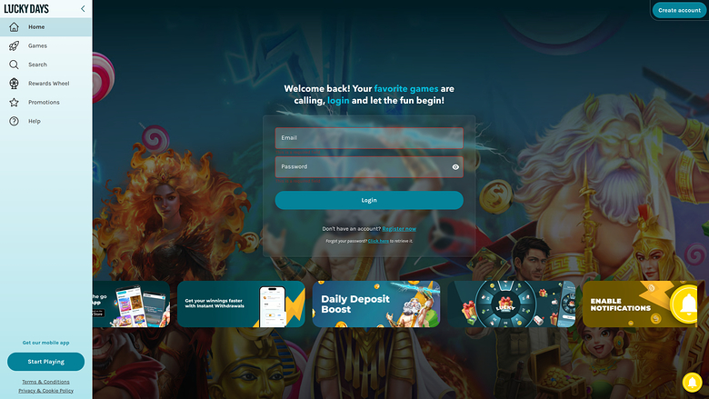 Página de inicio de Lucky Days Casino para escritorio