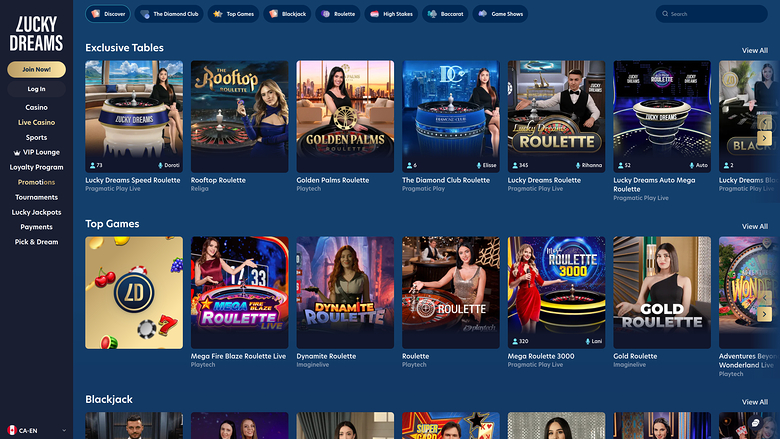 Casino Lucky Dreams sur ordinateur avec croupier en direct