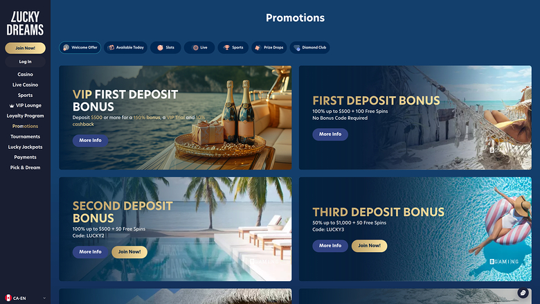 Promotions pour ordinateur de bureau du casino Lucky Dreams