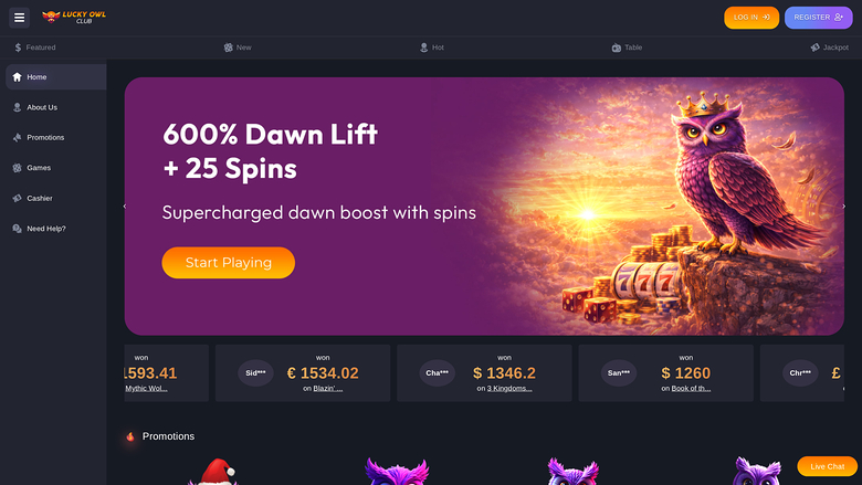 Page d'accueil du Lucky Owl Club version ordinateur