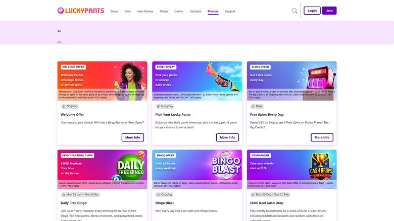 Promotions Lucky Pants Bingo sur ordinateur