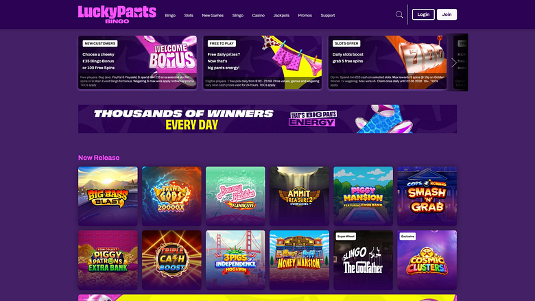 Домашняя страница игры Lucky Pants Bingo для настольных компьютеров