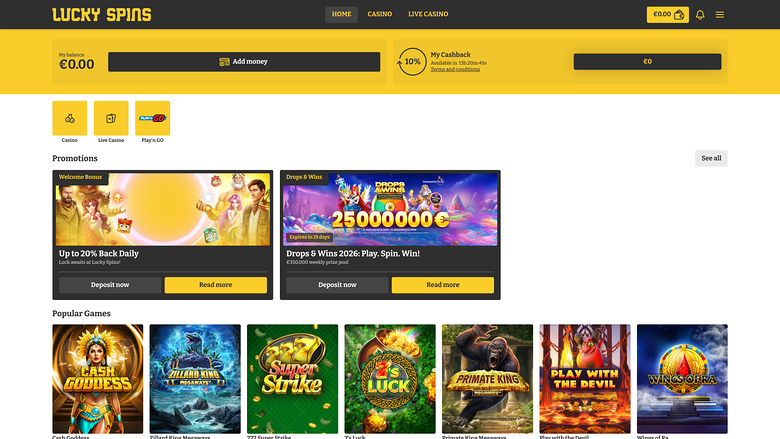 Page d'accueil de Lucky Spins pour ordinateur