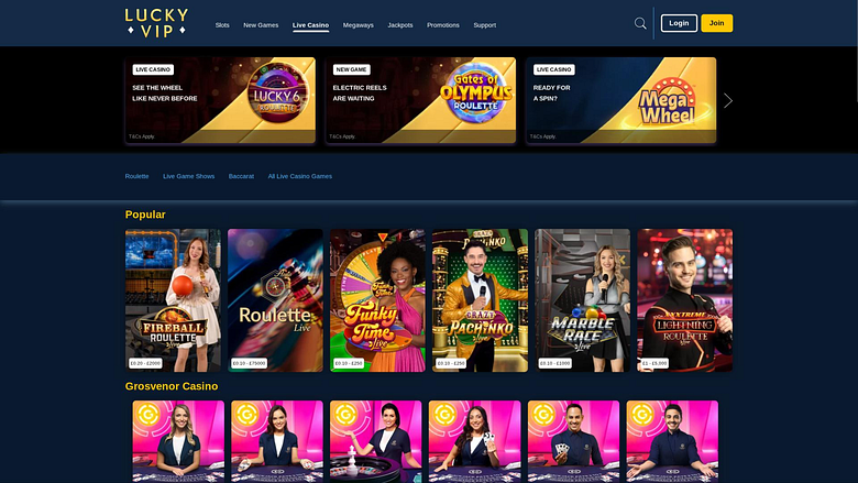 Страница с живыми дилерами в казино Lucky VIP