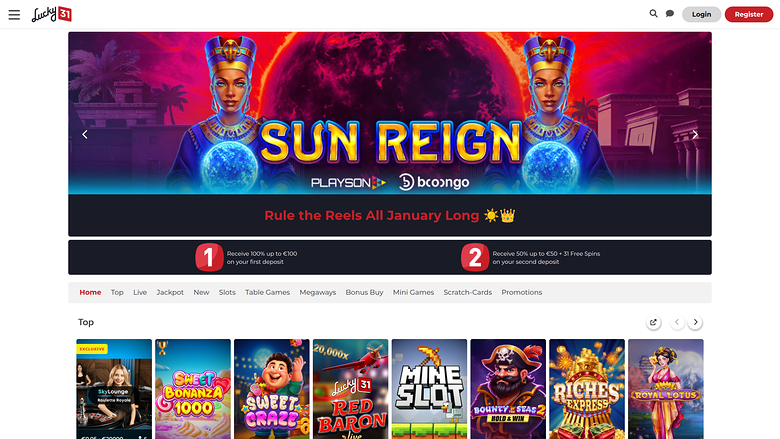 Página de inicio del casino Lucky31 para escritorio