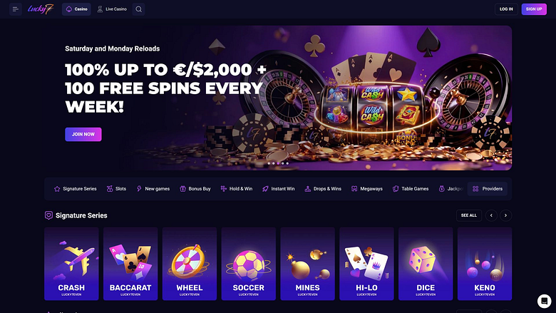 Page d'accueil de Lucky7even pour ordinateur