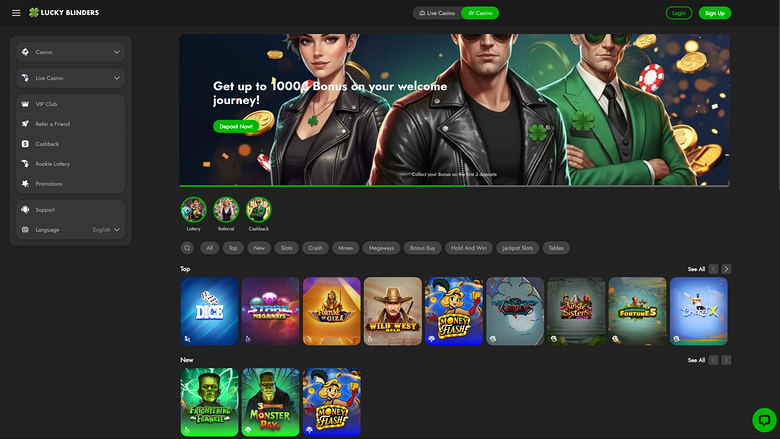 Lucky Blinders Casino Homepage