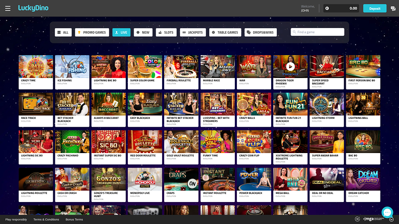 Casino Luckydino pour ordinateur avec croupier en direct