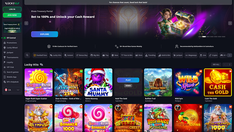 Page d'accueil du casino Luckyelf pour ordinateur