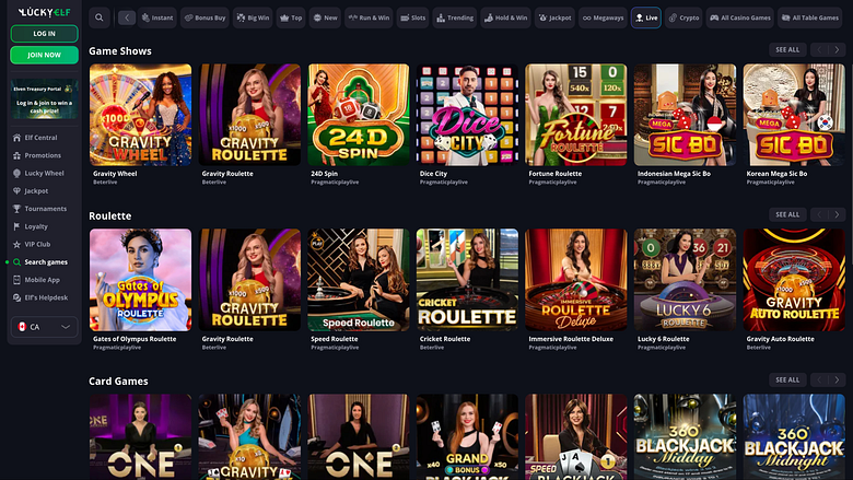 Casino Luckyelf pour ordinateur avec croupier en direct
