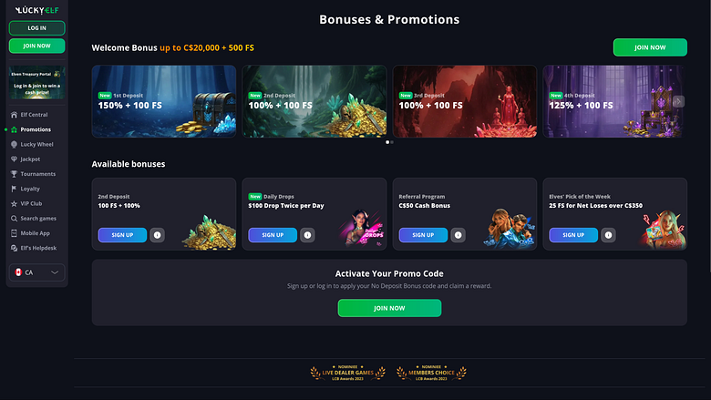 Promotions pour ordinateur de bureau du casino Luckyelf