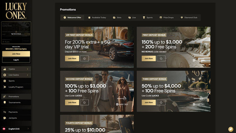 Capture d'écran de la page des promotions du casino Lucky Ones