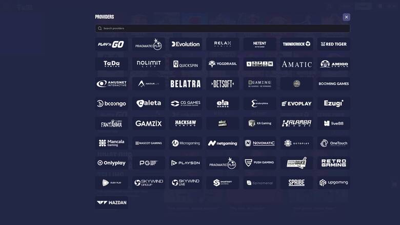 Game providers page screenshot of Luckyreels Casino