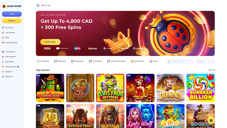 Page d'accueil du casino Luckystart pour ordinateur