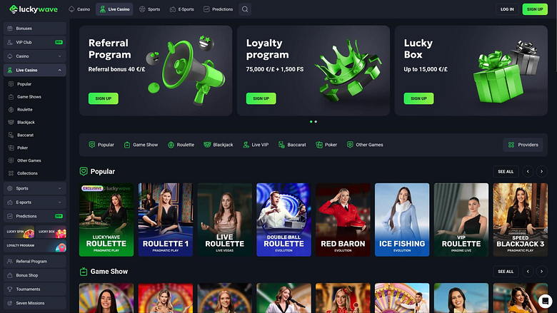 Страница с живыми дилерами в казино LuckyWave