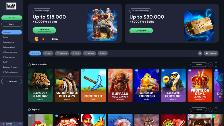 Page d'accueil du casino Luckywins pour ordinateur