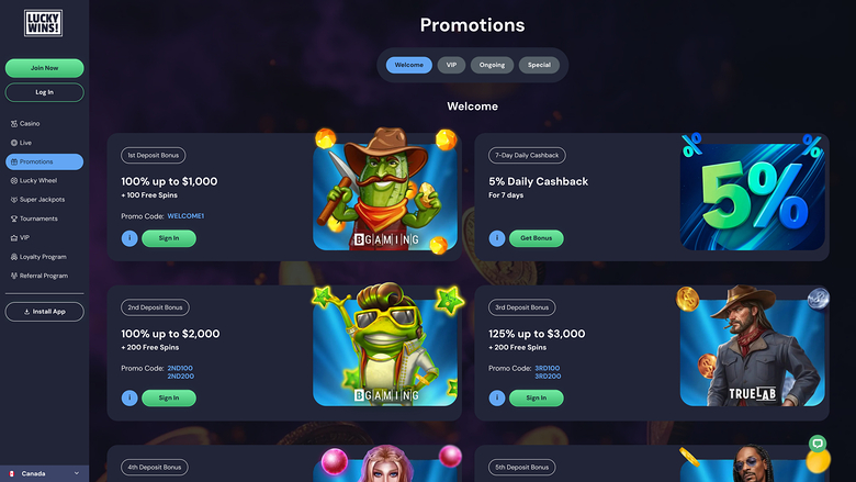Promotions pour ordinateur de bureau du casino Luckywins