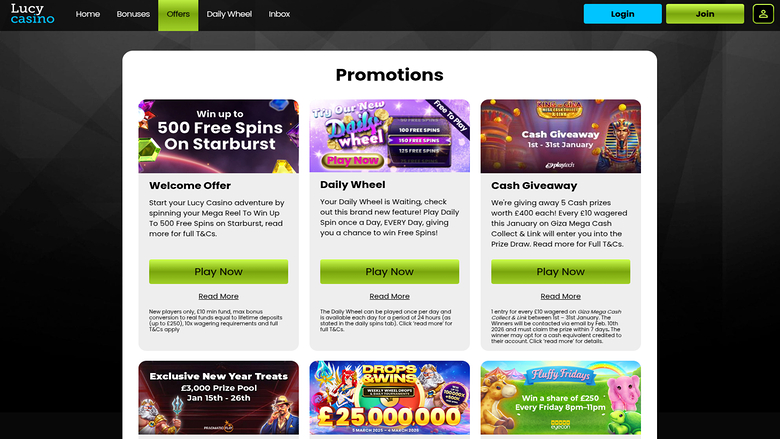 Promotions sur ordinateur de bureau du casino Lucy