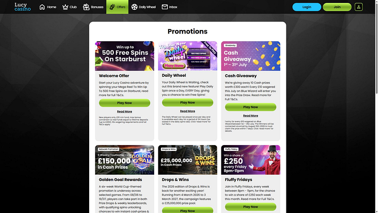 Promotions sur ordinateur de bureau du casino Lucy