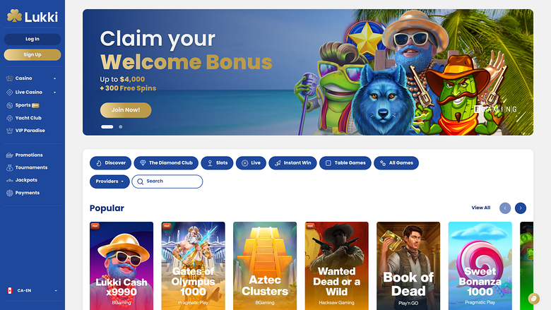 Page d'accueil du casino Lukki ordinateur