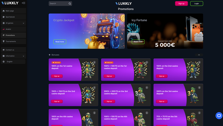 Promotions sur ordinateur de bureau du casino Lukkly