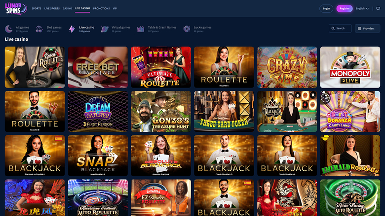 Casino LunarSpins pour ordinateur avec croupier en direct