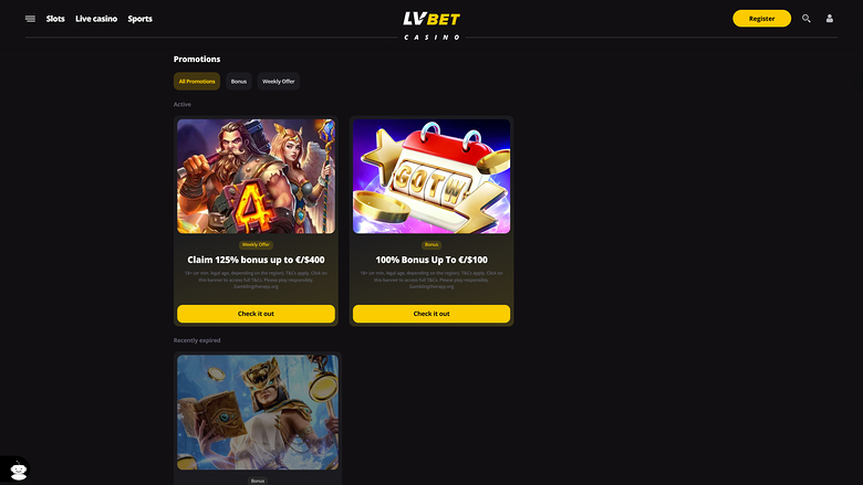 Promotions pour ordinateur de bureau du casino LV Bet