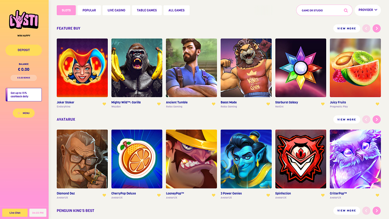 Jeux de casino Lysti sur ordinateur