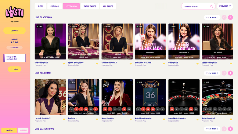 Casino Lysti sur ordinateur avec croupier en direct