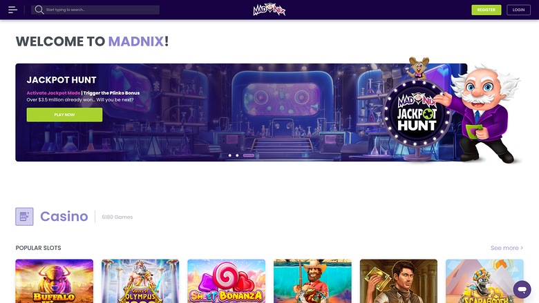 Page d'accueil du casino Madnix pour ordinateur