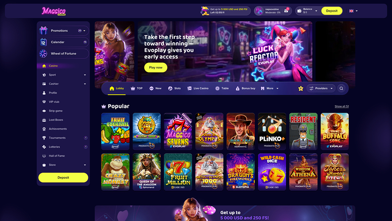 Página de inicio de Magic Casino para escritorio