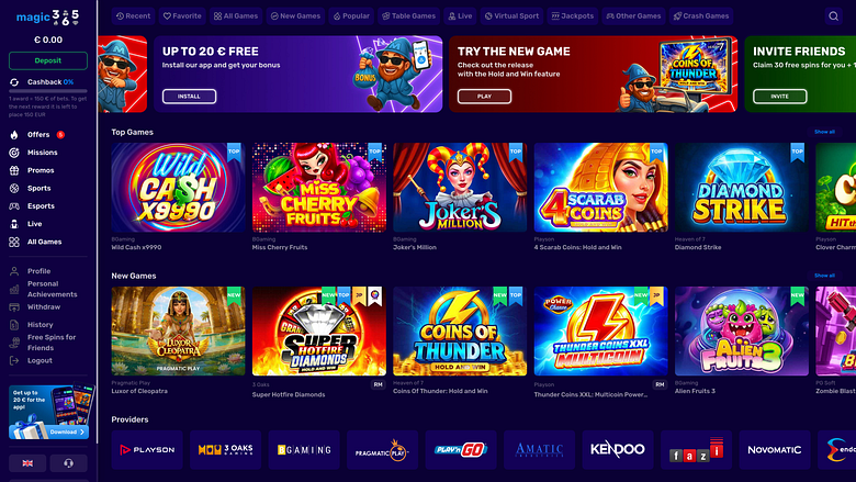 Magic365 Casino Homepage Desktop