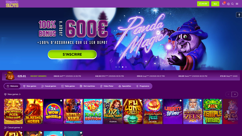 Page d'accueil du casino Majestic Slots pour ordinateur