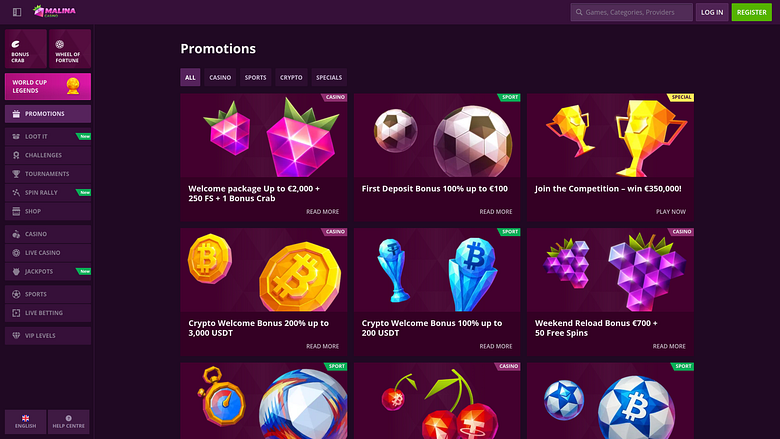 Акции Malina Casino для настольных компьютеров