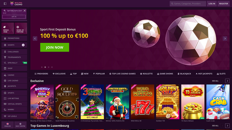 Página de inicio de Malina Casino para escritorio