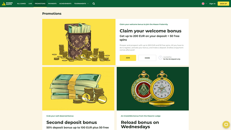 Mason Slots Casino Desktop-Aktionen