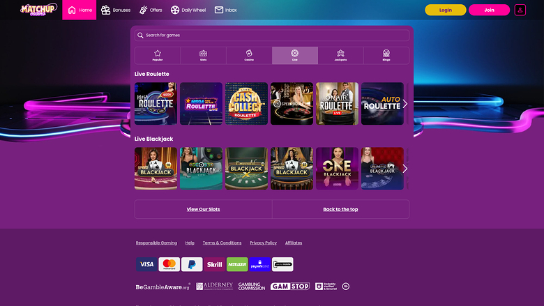 Casino Matchup Desktop con crupier en vivo