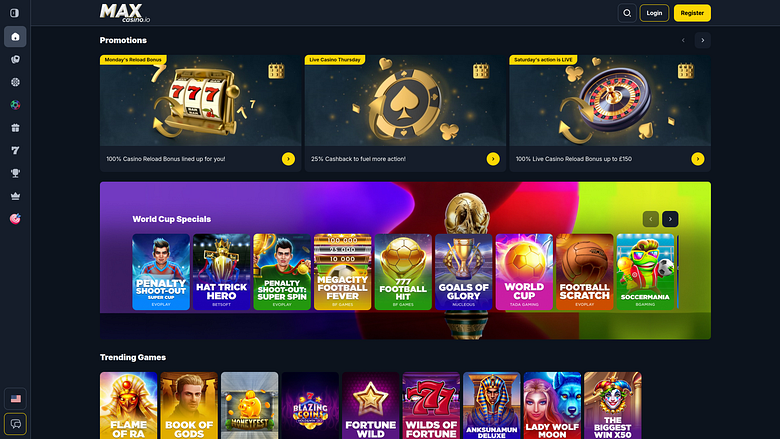 Главная страница MaxCasino для настольных компьютеров