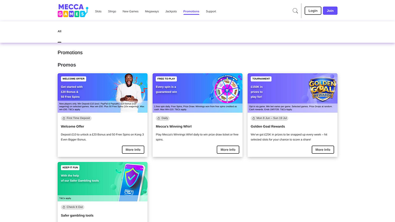 Página de promociones de Mecca Games Casino